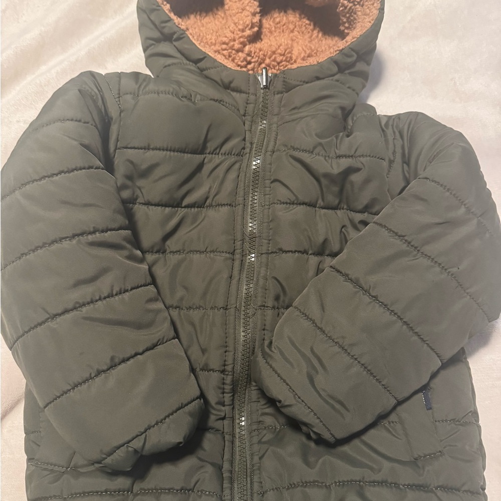 Reversible Sherpa and Olive Green Puffer coat